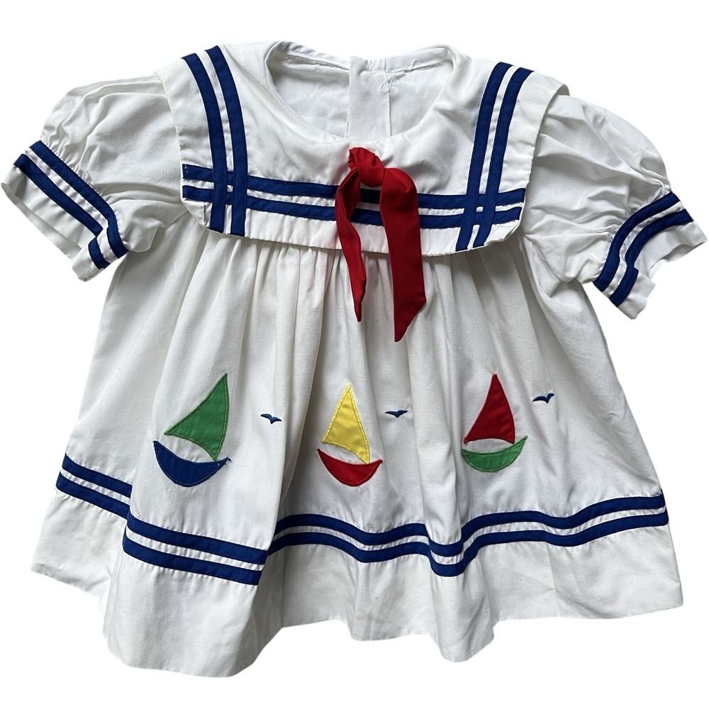 VTG unbranded Baby Toddler 12 Mo Sailor Nautical Frock Dress 80s 90s Sailboats‎